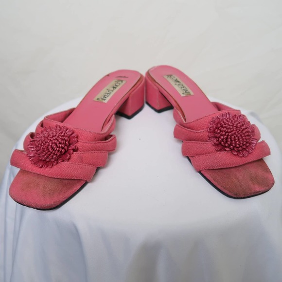 Vintage 90s pink strappy flower brooch heeled mule sandals 9 - Picture 3 of 5